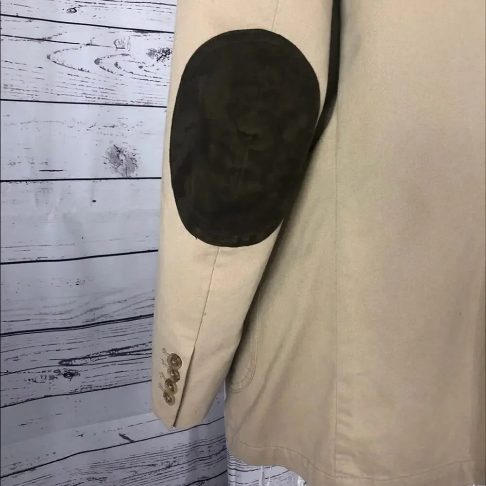 Barn coat stand collar patch elbow Khaki Lands' End 100% cotton 44 R